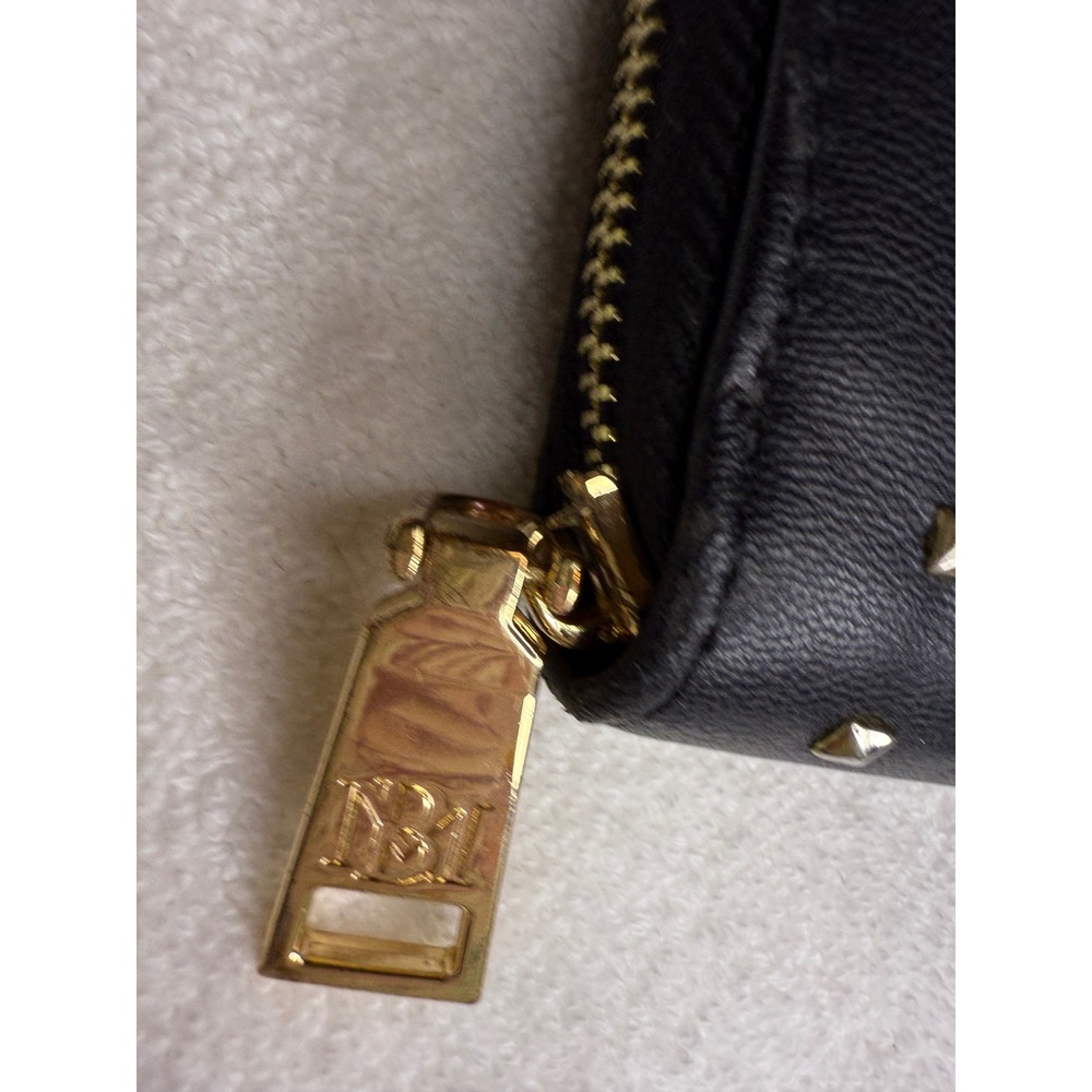 Badgley Mischka Black Studded Zip Around Wallet Gold Hardware Logo Long Clutch - Picture 7 of 8